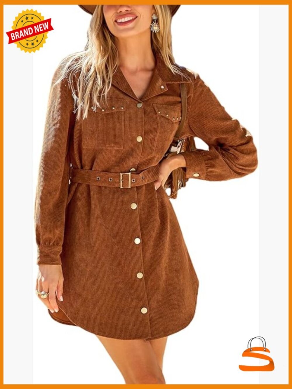 Long Sleeve Button Corduroy Mini Dress Belted Pockets Fitted Work Casual